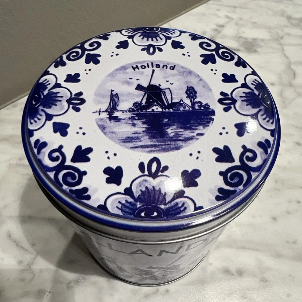 Holland Windmill Metal Storage Tin Blue White Delft Style Round Canister